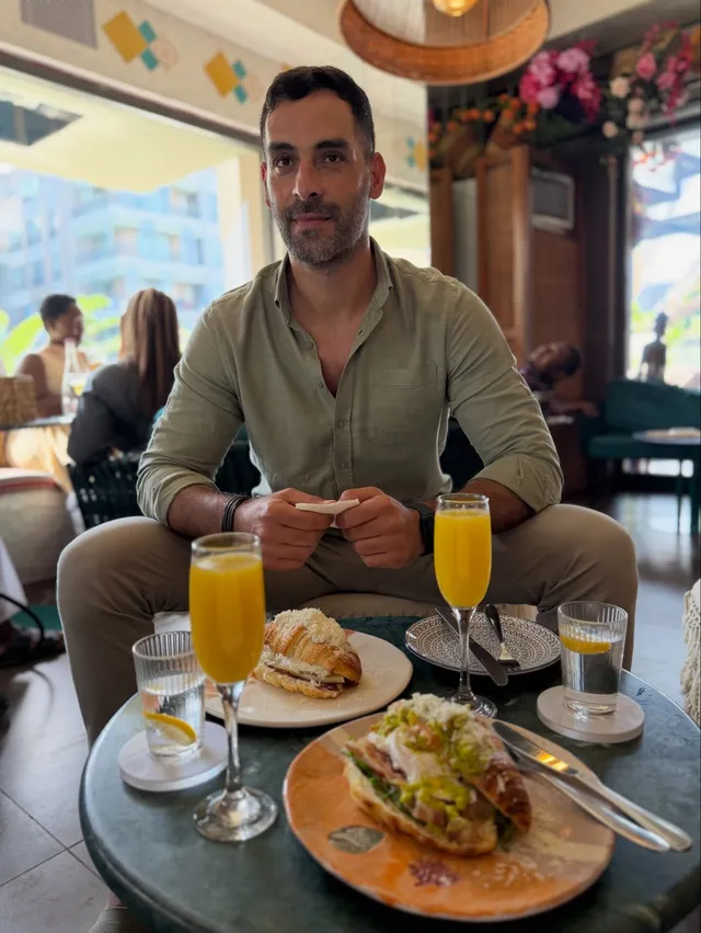 Brunch in the courtyard — mimosas and croissants